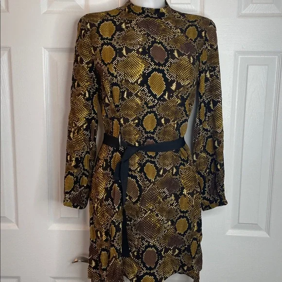 ZARA SNAKESKIN ANIMAL PRINT LONG SLEEVE BELTED BLACK BROWN YELLOW DRESS SZ XS - Picture 8 of 16